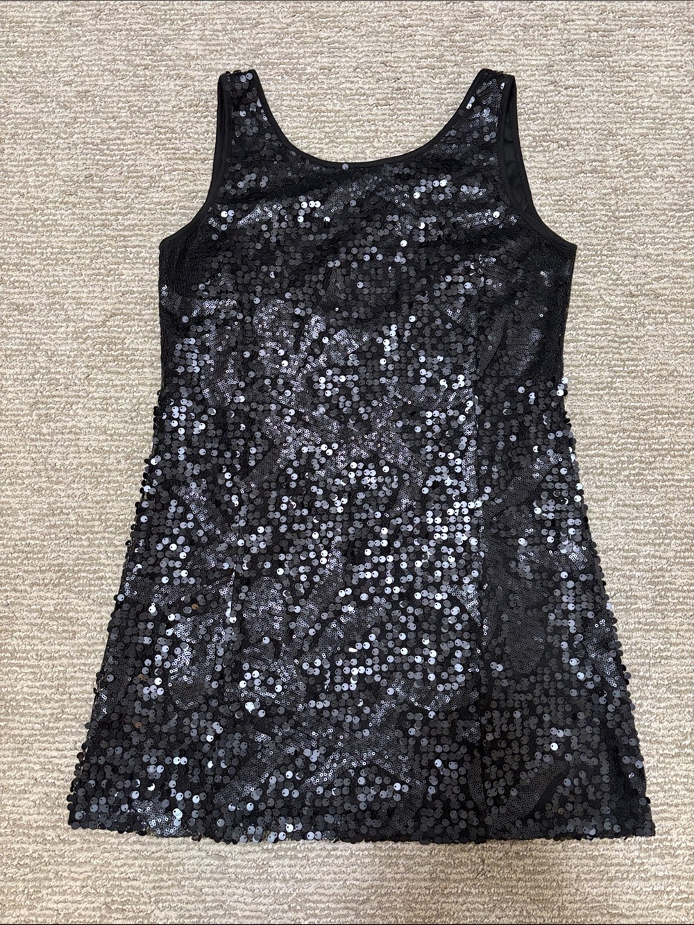 Black Sequin Sleeveless Shift Dress - low V back LBD